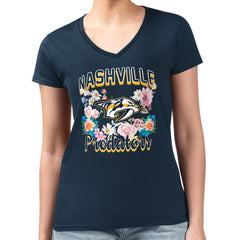 Nashville Predators G-III 4Her by Carl Banks Women's Super-Slim Fit Lightweight Flower Logo V-Neck T-Shirt - Navy | NHL Clearance