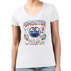 Edmonton Oilers G-III 4Her by Carl Banks Women's Super-Slim Fit Lightweight Flower Logo V-Neck T-Shirt - White | NHL Clearance