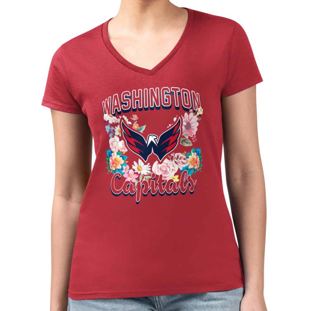 Washington Capitals G-III 4Her by Carl Banks Women's Super-Slim Fit Lightweight Flower Logo V-Neck T-Shirt - Red | NHL Clearance