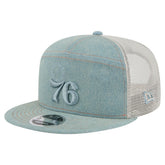 New Era Philadelphia 76ers Adventure Denim Split Panel 9FIFTY Snapback Trucker Hat