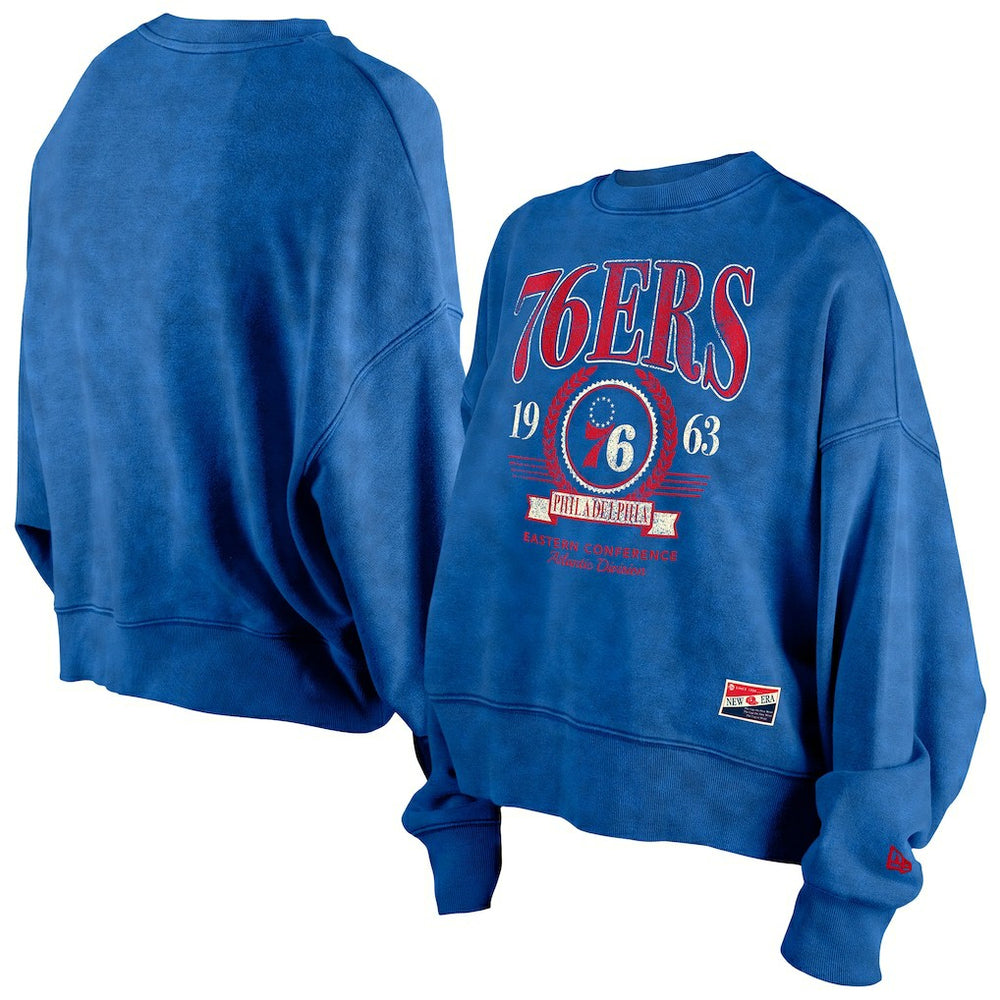 New Era Philadelphia 76ers Women's Throwback Vintage Enzyme Wash Oversized Boxy Pullover Sweatshirt Royal