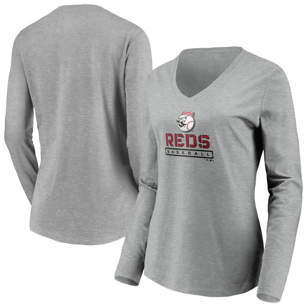 Cincinnati Reds Women's Evanston Stencil Long Sleeve V-Neck T-Shirt for sale