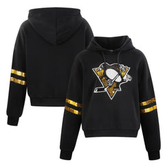 Pittsburgh Penguins Cuce Women's Sequin Cropped Pullover Hoodie - Black | NHL on sale