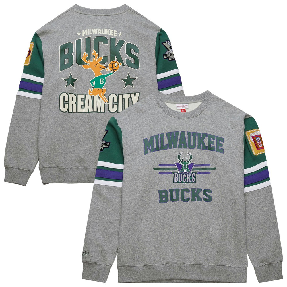 Mitchell & Ness Milwaukee Bucks Hardwood Classics All Over 4.0 Pullover Sweatshirt Heather Gray
