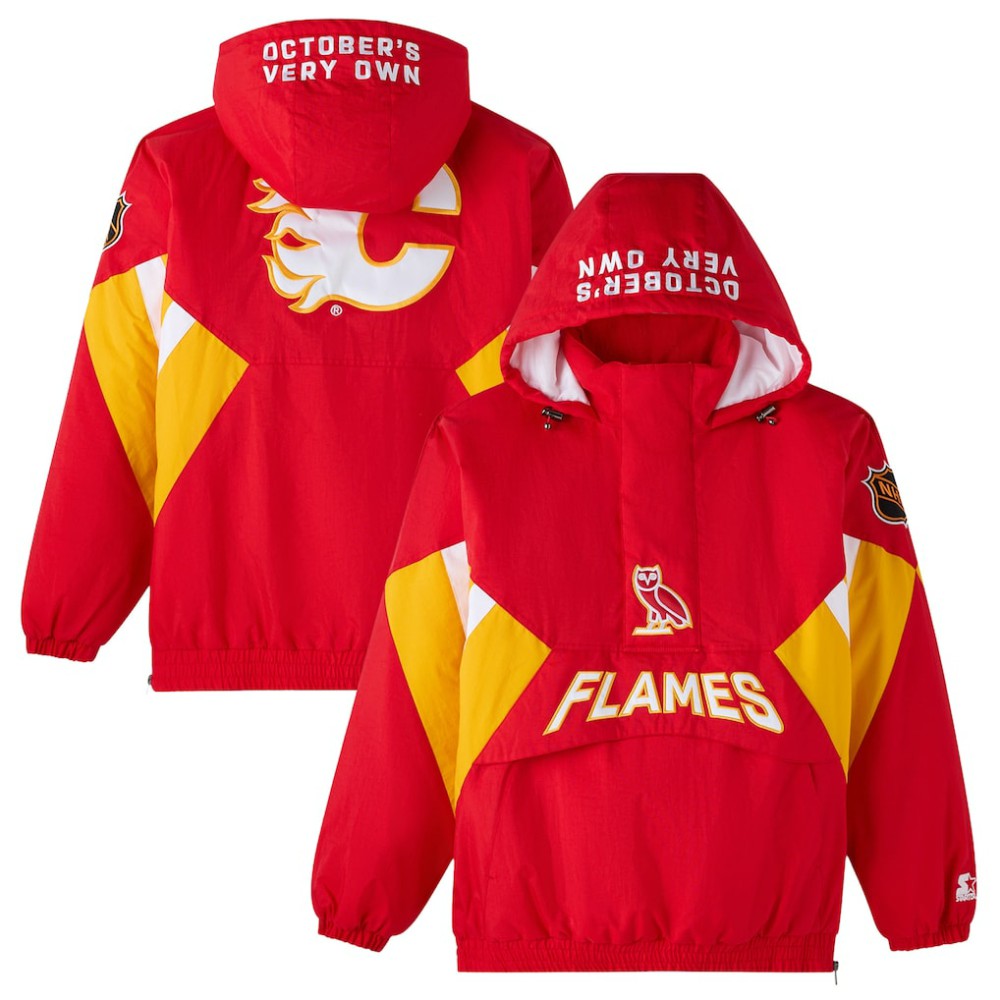Calgary Flames OVO x Starter Half-Zip Hooded Jacket - Red | NHL Clearance