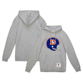 Denver Broncos Helmet Logo Vintage Pullover Hoodie - Heather Gray - Mitchell & Ness