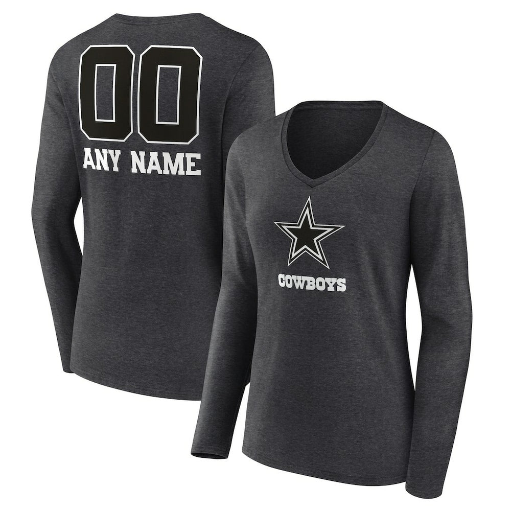 Dallas Cowboys Women's Personalized Name & Number Monochrome V-neck T-Shirt - Charcoal - NFL