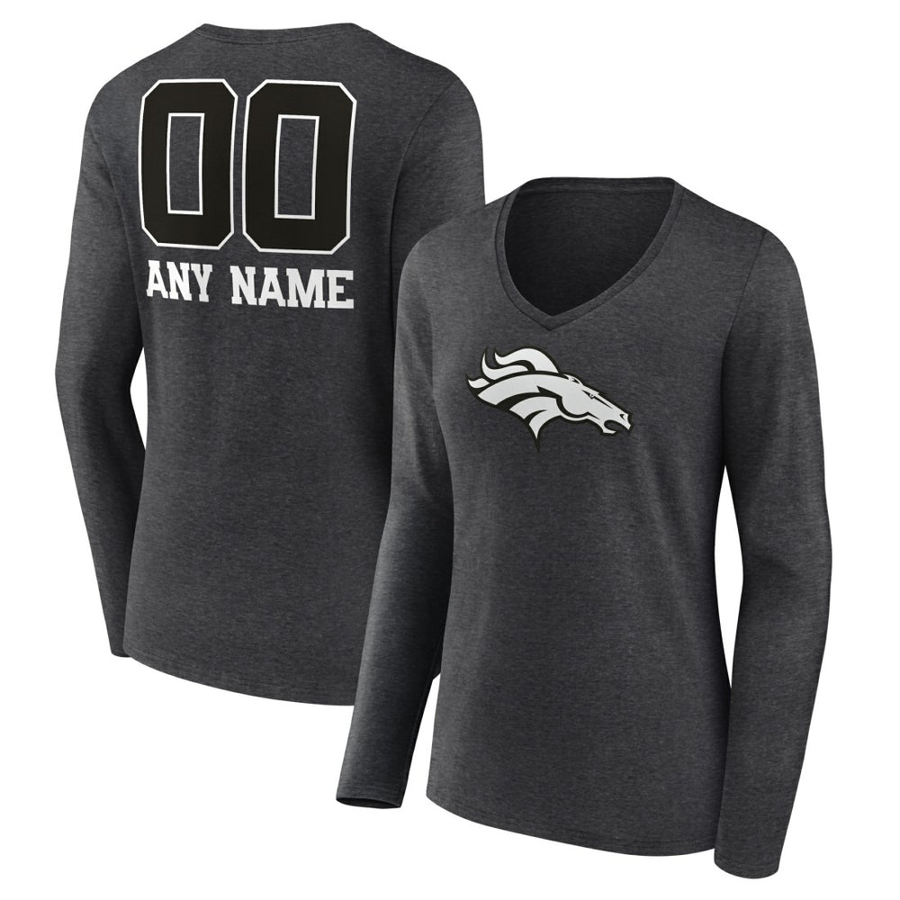 Denver Broncos Women's Personalized Name & Number Monochrome V-neck T-Shirt - Charcoal - NFL