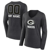 Green Bay Packers Women's Personalized Name & Number Monochrome V-neck T-Shirt - Charcoal - NFL
