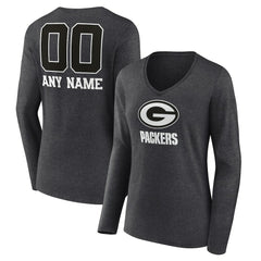 Green Bay Packers Women's Personalized Name & Number Monochrome V-neck T-Shirt - Charcoal - NFL