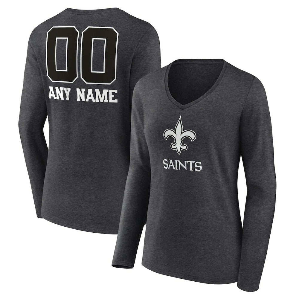 New Orleans Saints Women's Personalized Name & Number Monochrome V-neck T-Shirt - Charcoal - NFL