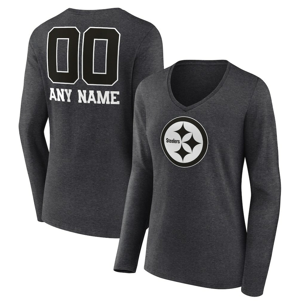 Pittsburgh Steelers Women's Personalized Name & Number Monochrome V-neck T-Shirt - Charcoal - NFL