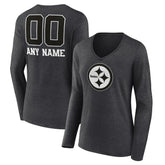 Pittsburgh Steelers Women's Personalized Name & Number Monochrome V-neck T-Shirt - Charcoal - NFL