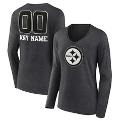 Pittsburgh Steelers Women's Personalized Name & Number Monochrome V-neck T-Shirt - Charcoal - NFL