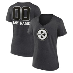 Pittsburgh Steelers Women's Personalized Name & Number Monochrome V-Neck Long Sleeve T-Shirt - Charcoal - NFL