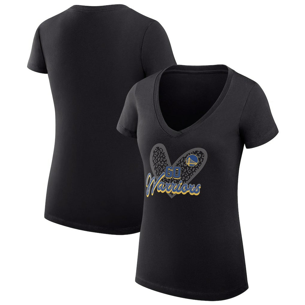 Golden State Warriors G-III 4Her by Carl Banks Women's Super-Slim Fit Lightweight Leopard Heart V-Neck T-Shirt Black