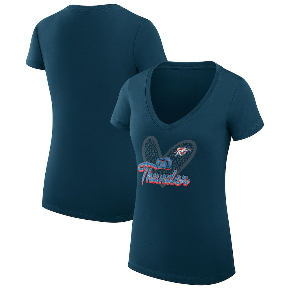 Oklahoma City Thunder G-III 4Her by Carl Banks Women's Super-Slim Fit Lightweight Leopard Heart V-Neck T-Shirt Navy