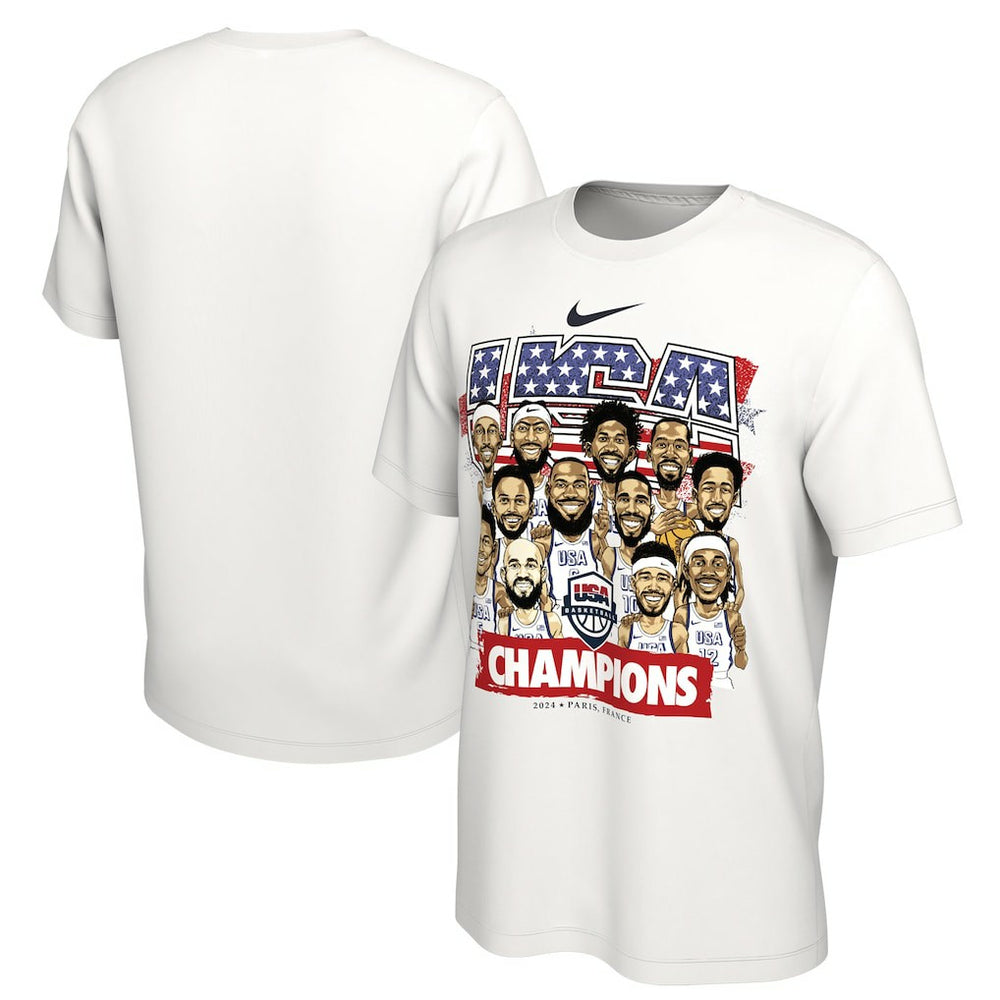 Nike USA Men's Basketball Unisex 2024 Summer Olympics Gold Medal Team Caricature T-Shirt White