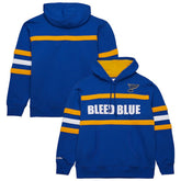 St. Louis Blues Mitchell & Ness Head Coach Slogan Pullover Hoodie - Blue | NHL Lifestyle