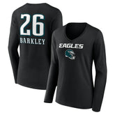Saquon Barkley Philadelphia Eagles Women's Name & Number Team Wordmark Long Sleeve V-Neck T-Shirt - Black - NFL