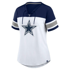 Dallas Cowboys Women's Athena Rhinestone Lace-Up V-Neck T-Shirt - White/Navy - Fanatics