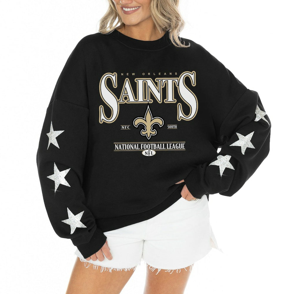 New Orleans Saints Gameday Couture Women's Rhinestone Star Sleeve Settle the Score Oversized Tri-Blend Pullover - Black - NFL