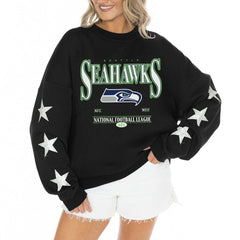 Seattle Seahawks Gameday Couture Women's Rhinestone Star Sleeve Settle the Score Oversized Tri-Blend Pullover - Black - NFL