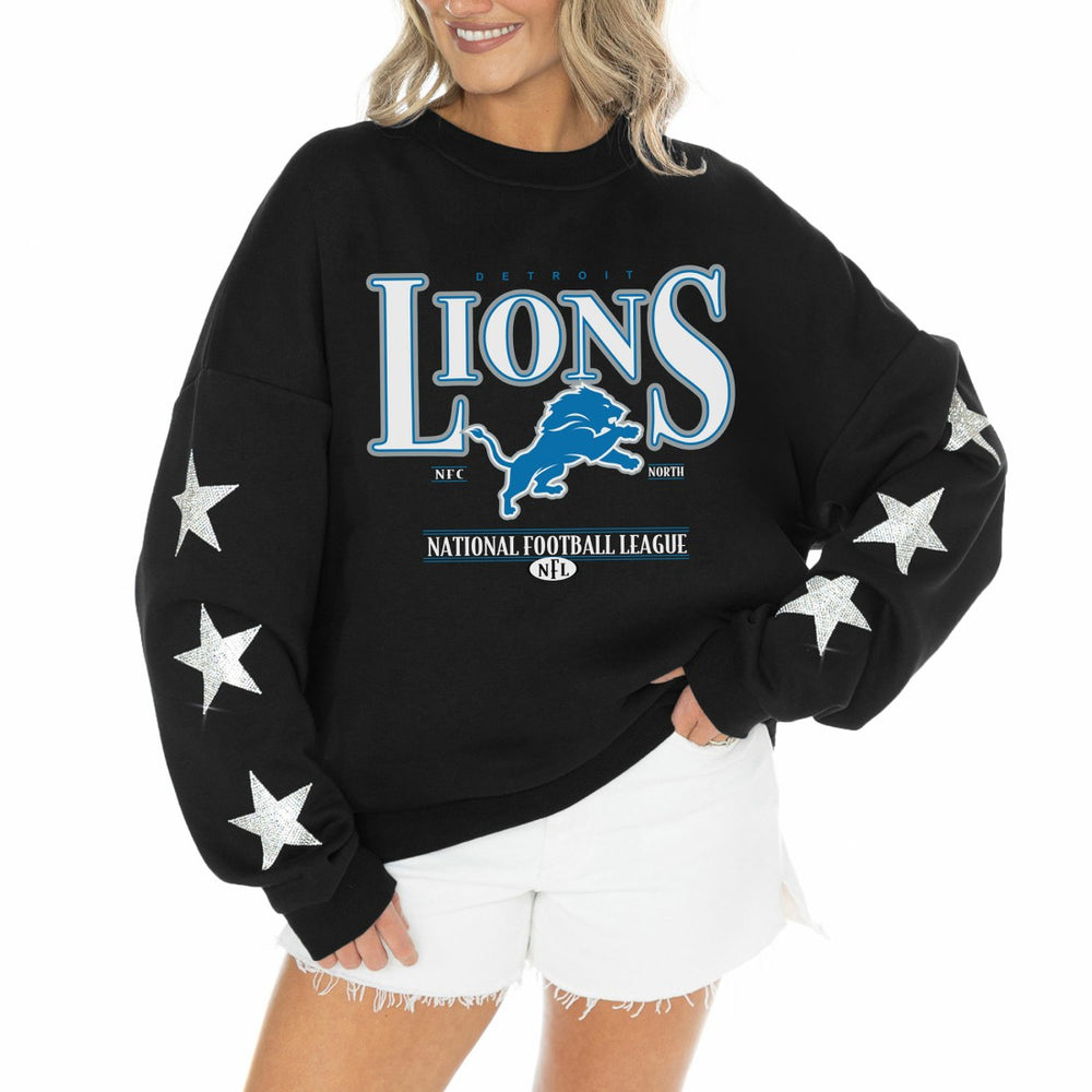 Detroit Lions Gameday Couture Women's Rhinestone Star Sleeve Settle the Score Oversized Tri-Blend Pullover - Black - NFL