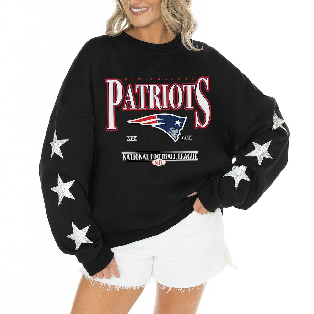 New England Patriots Gameday Couture Women's Rhinestone Star Sleeve Settle the Score Oversized Tri-Blend Pullover - Black - NFL