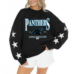 Carolina Panthers Gameday Couture Women's Rhinestone Star Sleeve Settle the Score Oversized Tri-Blend Pullover - Black - NFL