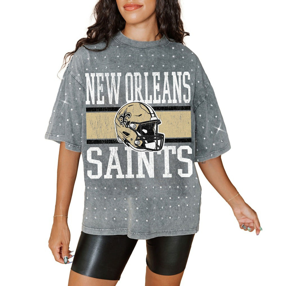 New Orleans Saints Gameday Couture Women's Oversized Mini Rhinestone Classic T-Shirt - Gray - NFL
