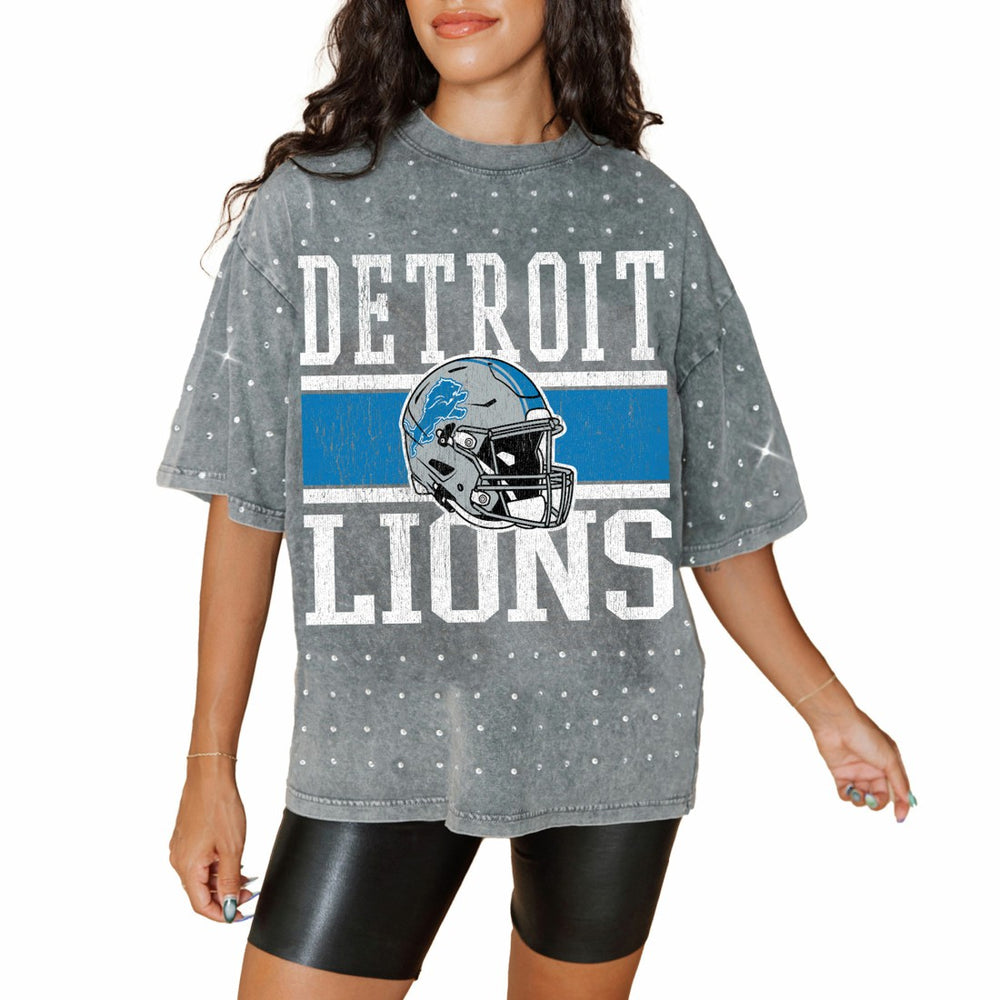 Detroit Lions Gameday Couture Women's Oversized Mini Rhinestone Classic T-Shirt - Gray - NFL
