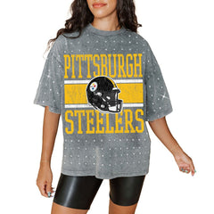 Pittsburgh Steelers Gameday Couture Women's Oversized Mini Rhinestone Classic T-Shirt - Gray - NFL