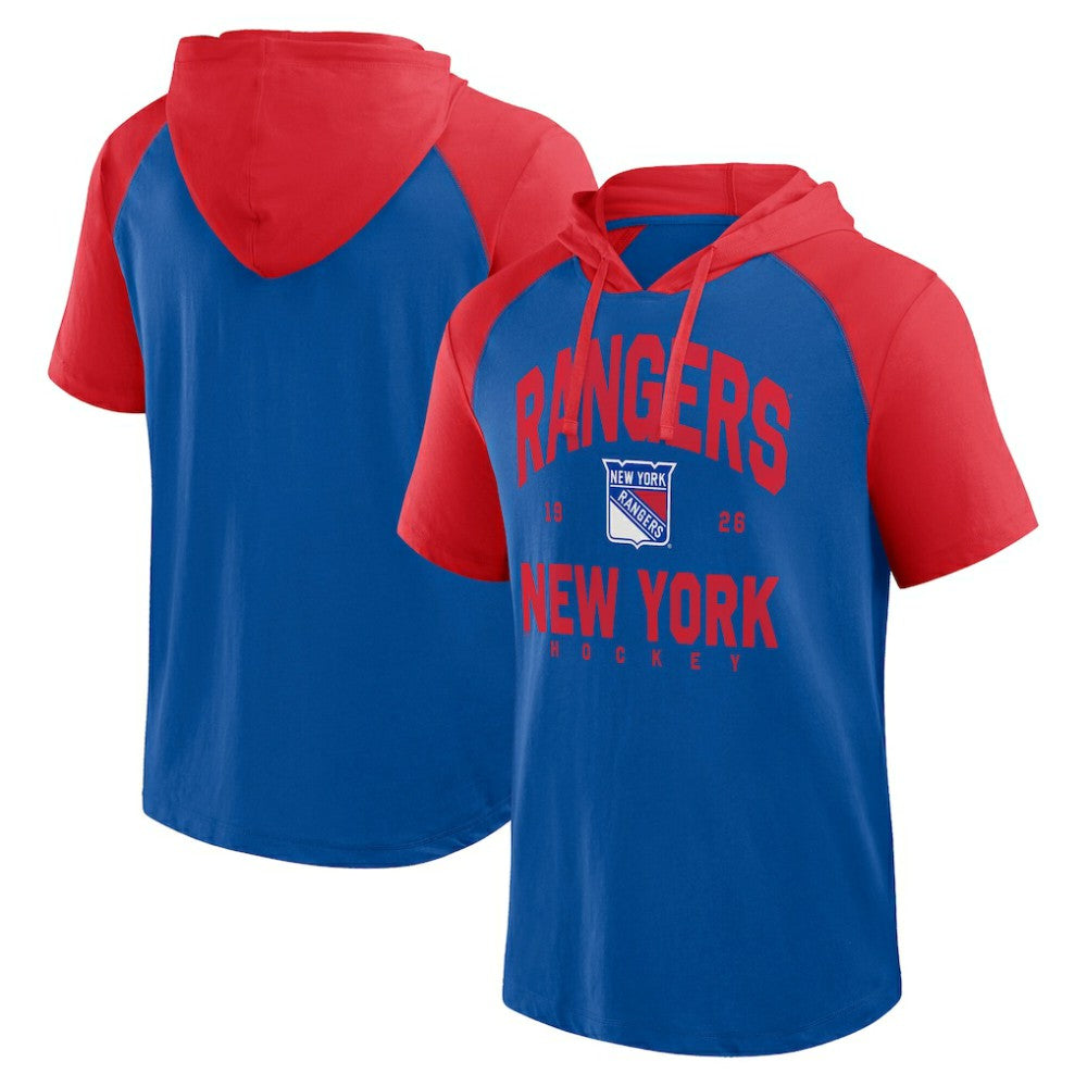New York Rangers Logo Athletic Prime Raglan Short Sleeve Pullover Hoodie - Blue | NHL near me