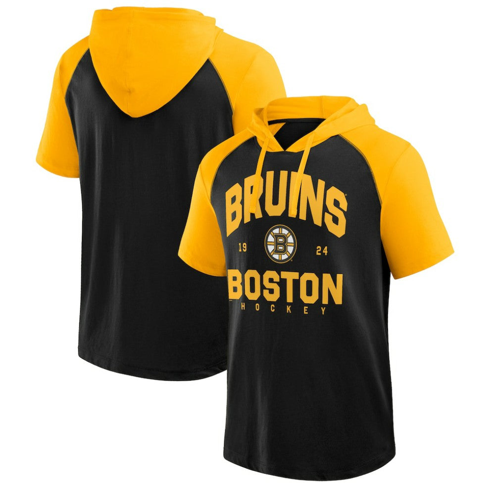 Boston Bruins Logo Athletic Prime Raglan Short Sleeve Pullover Hoodie - Black | NHL Clearance