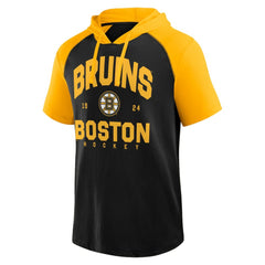 Boston Bruins Logo Athletic Prime Raglan Short Sleeve Pullover Hoodie - Black | NHL Clearance