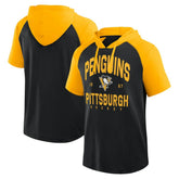 Pittsburgh Penguins Logo Athletic Prime Raglan Short Sleeve Pullover Hoodie - Black | NHL Lifestyle