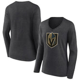 Vegas Golden Knights Women's Primary Logo Long Sleeve V-Neck T-Shirt - Charcoal | NHL Clearance