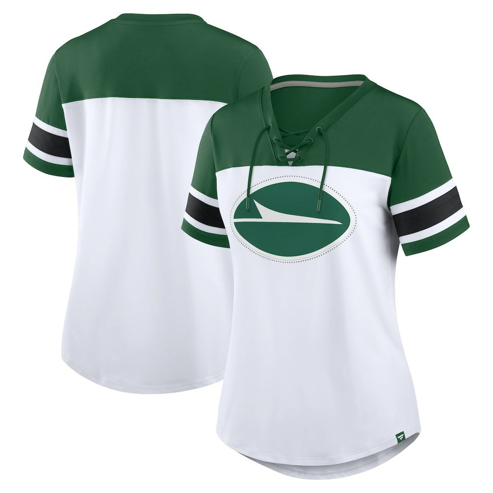 New York Jets Women's Athena Rhinestone Lace-Up V-Neck T-Shirt - White/Green - Fanatics