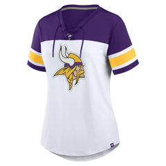 Minnesota Vikings Women's Athena Rhinestone Lace-Up V-Neck T-Shirt - White/Purple - Fanatics
