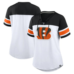 Cincinnati Bengals Women's Athena Rhinestone Lace-Up V-Neck T-Shirt - White/Black - Fanatics