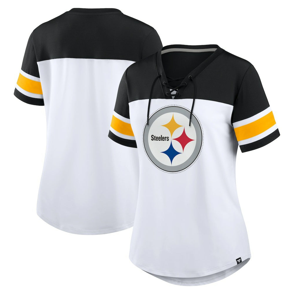 Pittsburgh Steelers Women's Athena Rhinestone Lace-Up V-Neck T-Shirt - White/Black - Fanatics