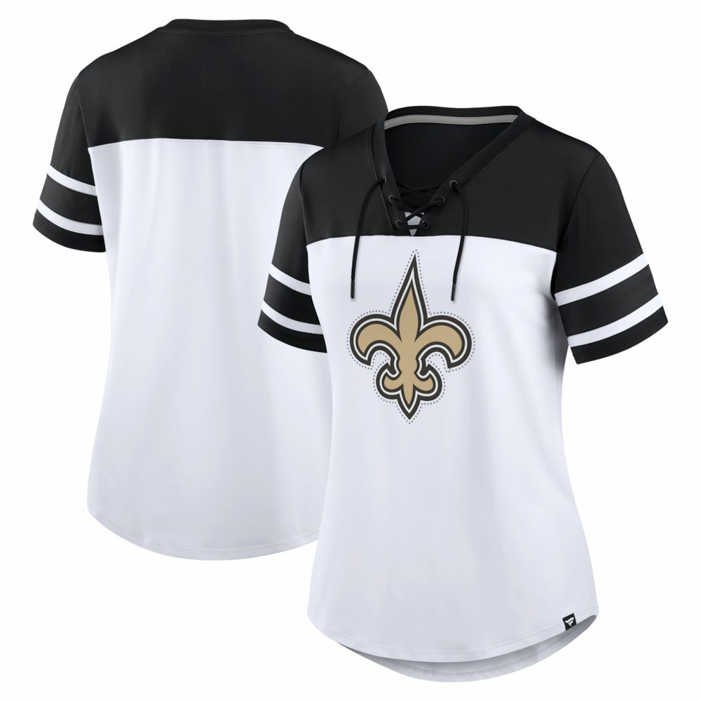 New Orleans Saints Women's Athena Rhinestone Lace-Up V-Neck T-Shirt - White/Black - Fanatics
