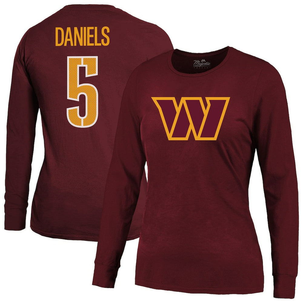 Jayden Daniels Washington Commanders Majestic Threads Women's Player Name & Number Long Sleeve T-Shirt - Burgundy - NFL