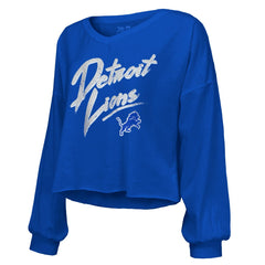 Amon-Ra St. Brown Detroit Lions Majestic Threads Women's Name & Number Off-Shoulder Script Cropped Long Sleeve Relaxed V-Neck T-Shirt - Blue - NFL