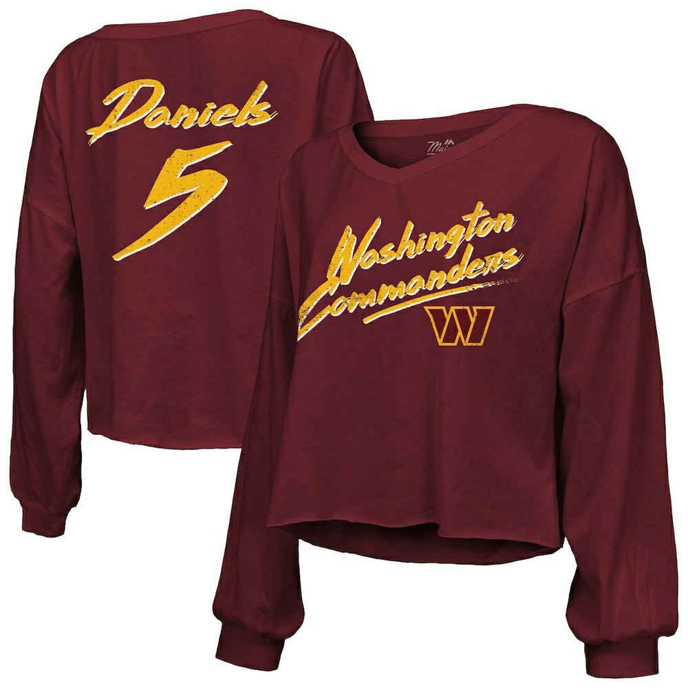 Jayden Daniels Washington Commanders Majestic Threads Women's Name & Number Off-Shoulder Script Cropped Long Sleeve Relaxed V-Neck T-Shirt - Burgundy - NFL