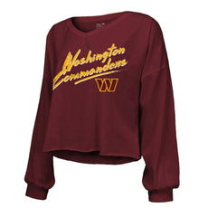 Jayden Daniels Washington Commanders Majestic Threads Women's Name & Number Off-Shoulder Script Cropped Long Sleeve Relaxed V-Neck T-Shirt - Burgundy - NFL