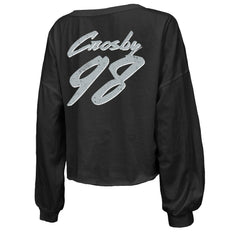 Maxx Crosby Las Vegas Raiders Majestic Threads Women's Name & Number Off-Shoulder Script Cropped Long Sleeve Relaxed V-Neck T-Shirt - Black - NFL