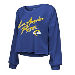 Puka Nacua Los Angeles Rams Majestic Threads Women's Off-Shoulder Script Player Name & Number Cropped Long Sleeve V-Neck T-Shirt - Royal - NFL