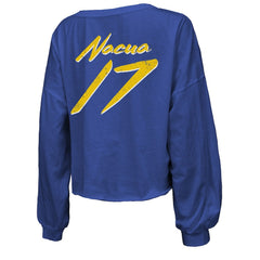 Puka Nacua Los Angeles Rams Majestic Threads Women's Off-Shoulder Script Player Name & Number Cropped Long Sleeve V-Neck T-Shirt - Royal - NFL